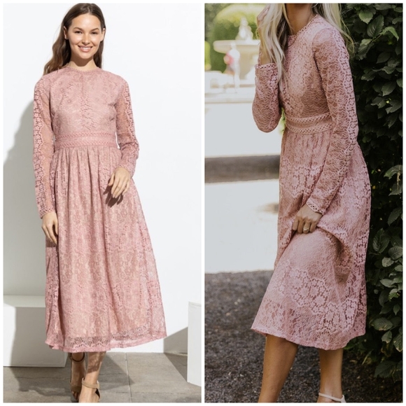 FEW LEFT❗️POLAGRAM Dusty Pink Lace Embroidered Long Sleeves Midi Dress - Picture 2 of 13